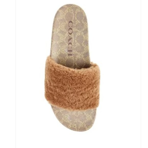Coach Pool Slides Shearling Tan Brown Size 13 Shoes Slippers Slip On Sandals - Picture 5 of 7